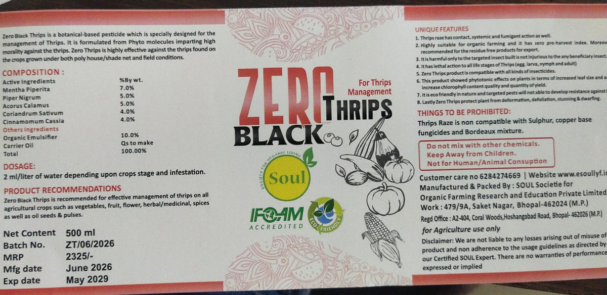 Product label for 'Zero Black Thrips' with branding and text on a white background
