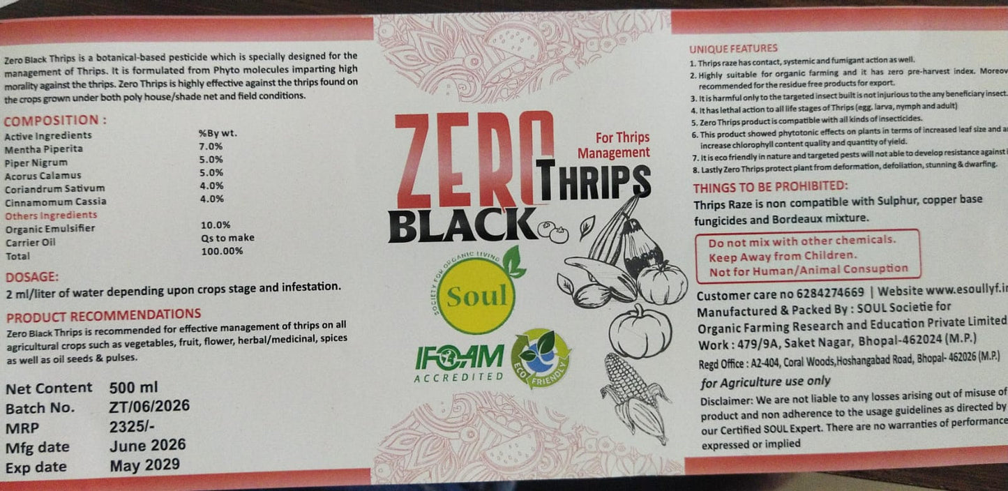 Product label for 'Zero Black Thrips' with branding and text on a white background