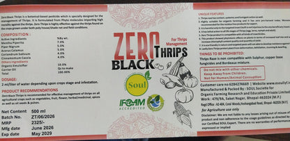 Product label for 'Zero Black Thrips' with branding and text on a white background